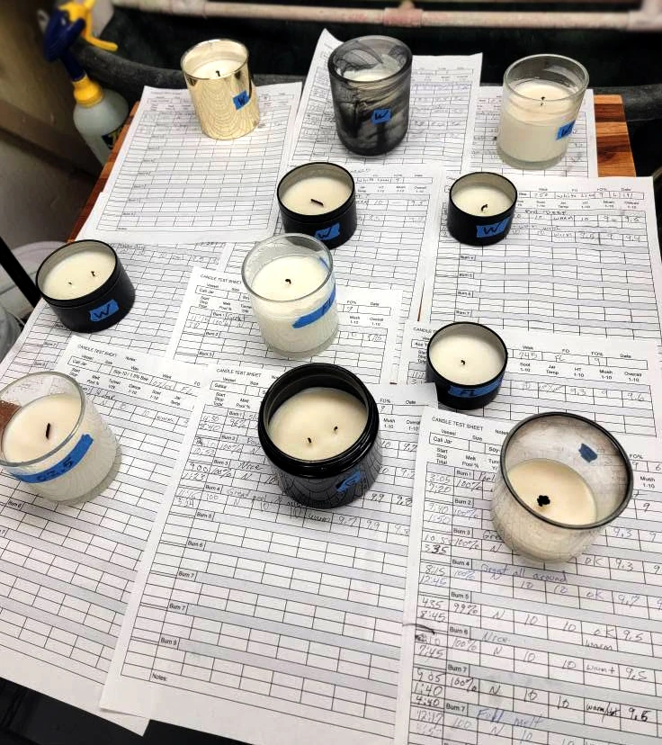 Real life image of scented candle testing in the candle workshop.